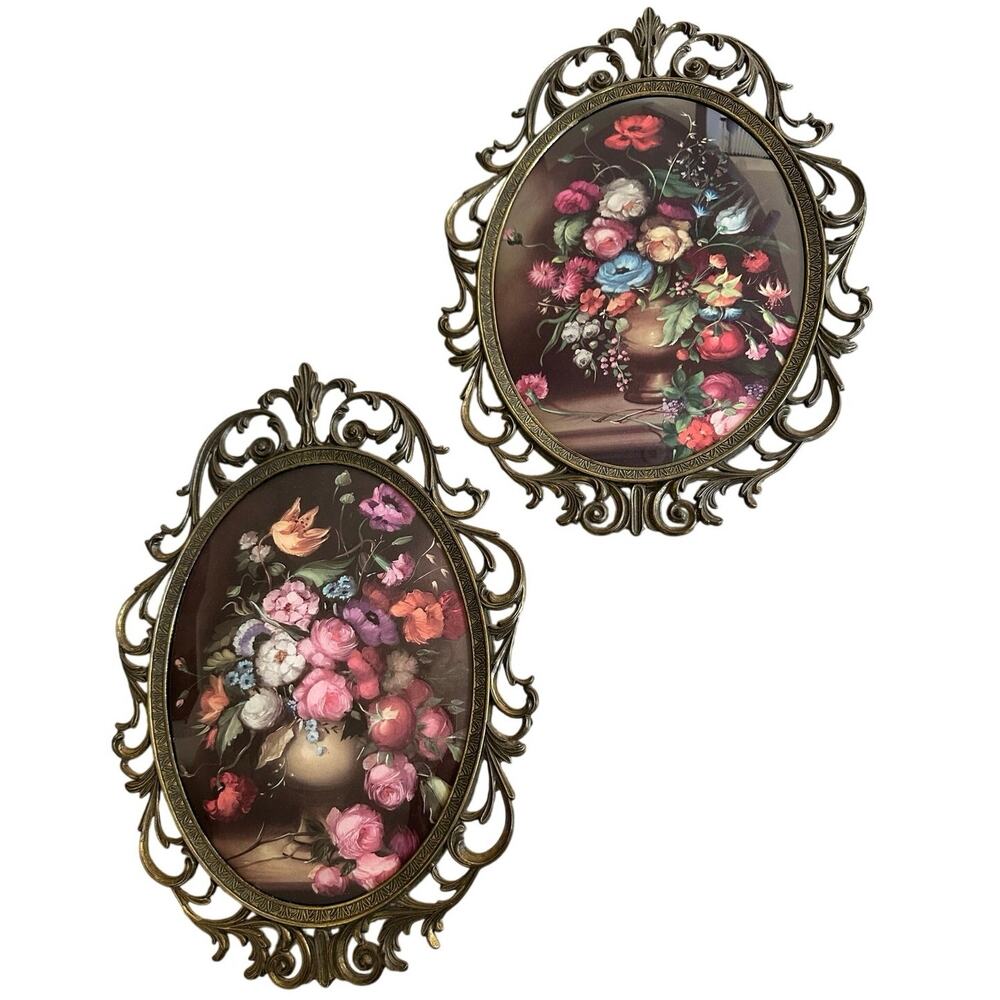 Vintage Italian Floral Still Lifes under Bubble Glass in Ornate Brass Frames